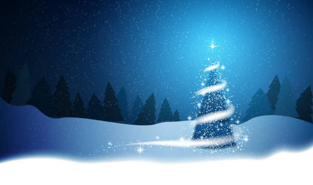 istock Christmas tree, blizzard, stars, snow,  sky, night, blue background for New Year project. Winter background 1048275724