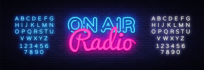On Air Radio neon sign vector. On Air Radio Design template neon sign, light banner, neon signboard, nightly bright advertising, light inscription. Vector illustration. Editing text neon sign.