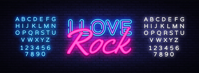 I Love Rock Neon Text Vector. Rock Music neon sign, design template, modern trend design, night neon signboard, night bright advertising, light banner, light art. Vector. Editing text neon sign.