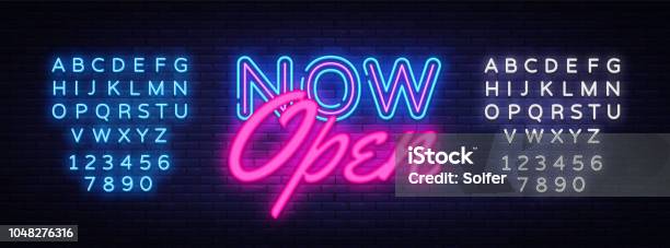 Now Open Neon Text Vector Design Template Now Open Neon Logo Light Banner Design Element Colorful Modern Design Trend Night Bright Advertising Bright Sign Vector Editing Text Neon Sign Stock Illustration - Download Image Now