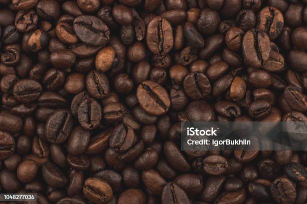 Roasted Coffee Beans Background Closeup Top View Healthy Breakfast Stock Photo - Download Image Now
