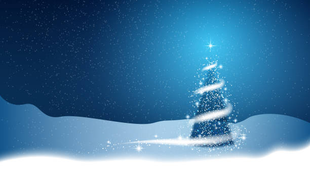 istock Christmas tree, blizzard, stars, snow,  sky, night, blue background for New Year project. Winter background 1048281746