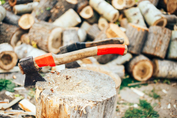 istock A sharp blade of an ax that sticks out in a wooden chock. rustic concept 1048288560