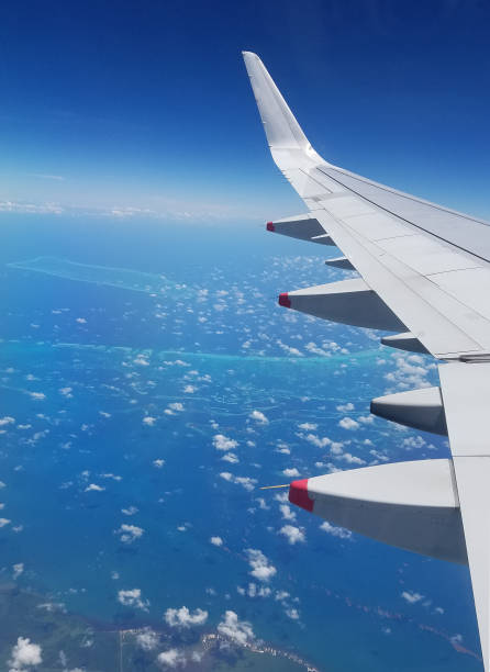 istock Airplane wing view above the Caribbean sea. 1048300822