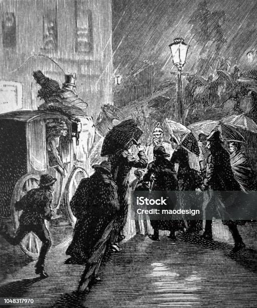 City Street On A Rainy Evening 1888 Stock Illustration - Download Image Now - Rain, Street, 1880-1889