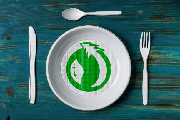 Recyclable plastic dish top view of a recyclable plastic dish with environmental green logo biodegradable photos stock pictures, royalty-free photos & images