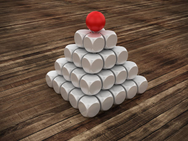 Pyramid of Blocks on Wood Floor One Red Sphere on Top - Wood Background - 3D Rendering