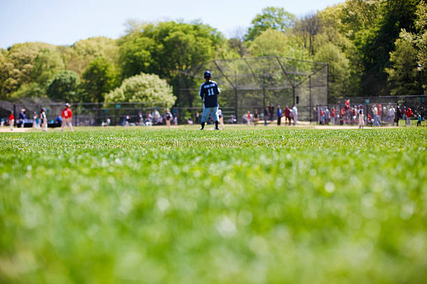 Youth league baseball Little league baseball game on a field. Focus on grass, shallow DOF youth baseball and softball league photos stock pictures, royalty-free photos & images