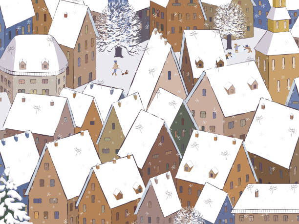 Roofs under the snow Vector illustration winter urban landscape with houses roofs under the snow in a smal town and playing children snowy road overhead stock illustrations