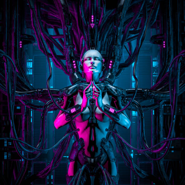 The quantum zen queen 3D illustration of female android hardwired to computer core cyberpunk stock pictures, royalty-free photos & images