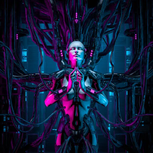 3D illustration of female android hardwired to computer core