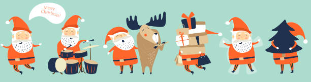 santasetbluered Cute funny Santa Claus in vector set snow angels stock illustrations