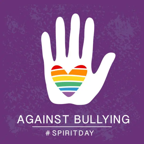 Vector illustration of Spirit day violet, purple color poster, with rainbow heart in hand. Against bullying.
