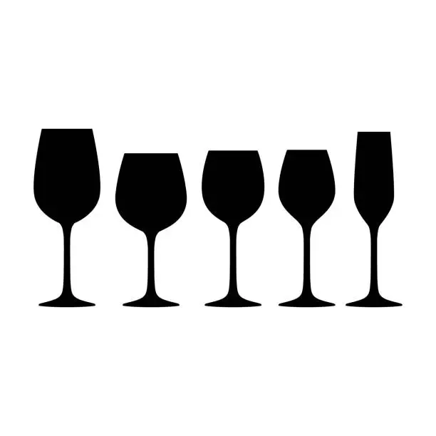 Vector illustration of Basic red, white and sparkling wine glasses silhouette vector set.