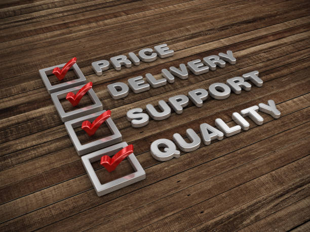 Price Delivery Support Quality 3D Check List on Wood Floor - Wood Background - 3D Rendering