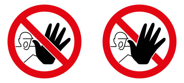 No unauthorized access sign. Screaming man with black hand stopping in red crossed circle. Version with palm in front and back of cross. vector art illustration