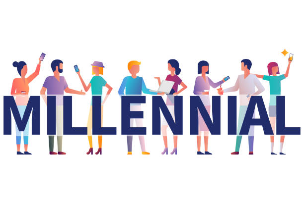 Millennial concept. Group students with gadgets in their hands Millennial concept. Group students with gadgets in their hands. Vector illustration flat design. Isolated on white background. Modern fashionable young people. Generation y. millennials stock illustrations