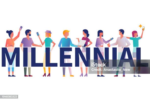 Millennial Concept Group Students With Gadgets In Their Hands Stock Illustration - Download Image Now
