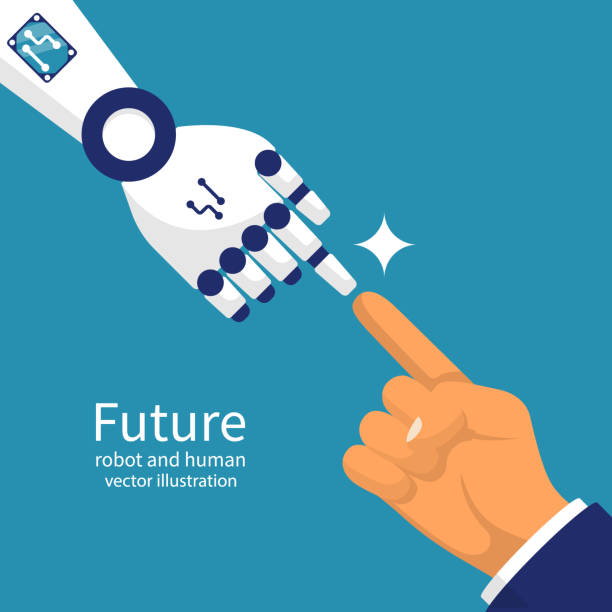 Robot and human together Robot and human together. Person and robot connect, touching fingers. Futuristic technology. Vector illustration flat design. Isolated on background. Cooperation with artificial intelligence. artificial intelligence human stock illustrations