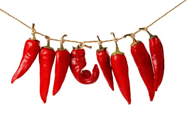 Photo of closeup of red chili peppers hanging  on a rope isolated on white background