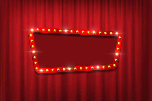 赤いカーテンの背景に空の空間を持つ電球フレーム。ベクター デザイン要素。 - party background video点のイラスト素材／クリップアート素材／マンガ素材／アイコン素材