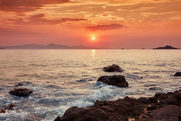 Beautiful seascape at sunset with pastel colors at Turgutreis, Bodrum, Turkey