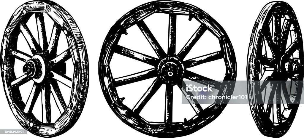 Vector image of old wooden wheels Vector drawings of obsolete handmade wheels. Carriage stock vector