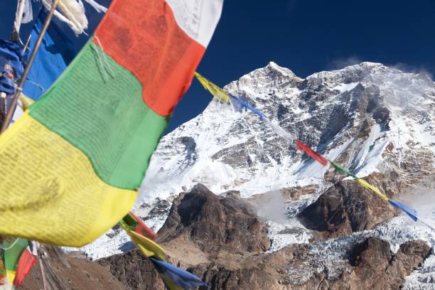 istock Mount Makalu with buddhist prayer flags 1048394508