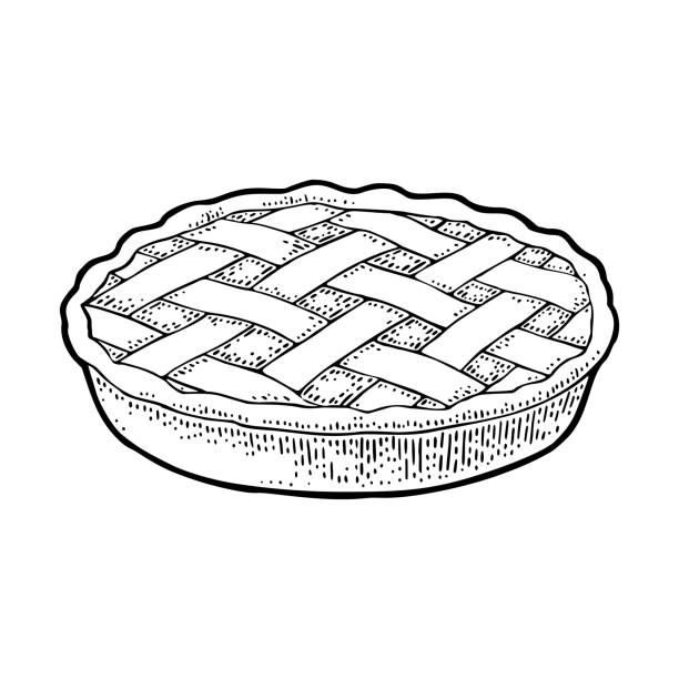 ilustraciones, imágenes clip art, dibujos animados e iconos de stock de pastel de manzana todo casero. grabado vintage vector negro - engraving old fashioned cake food
