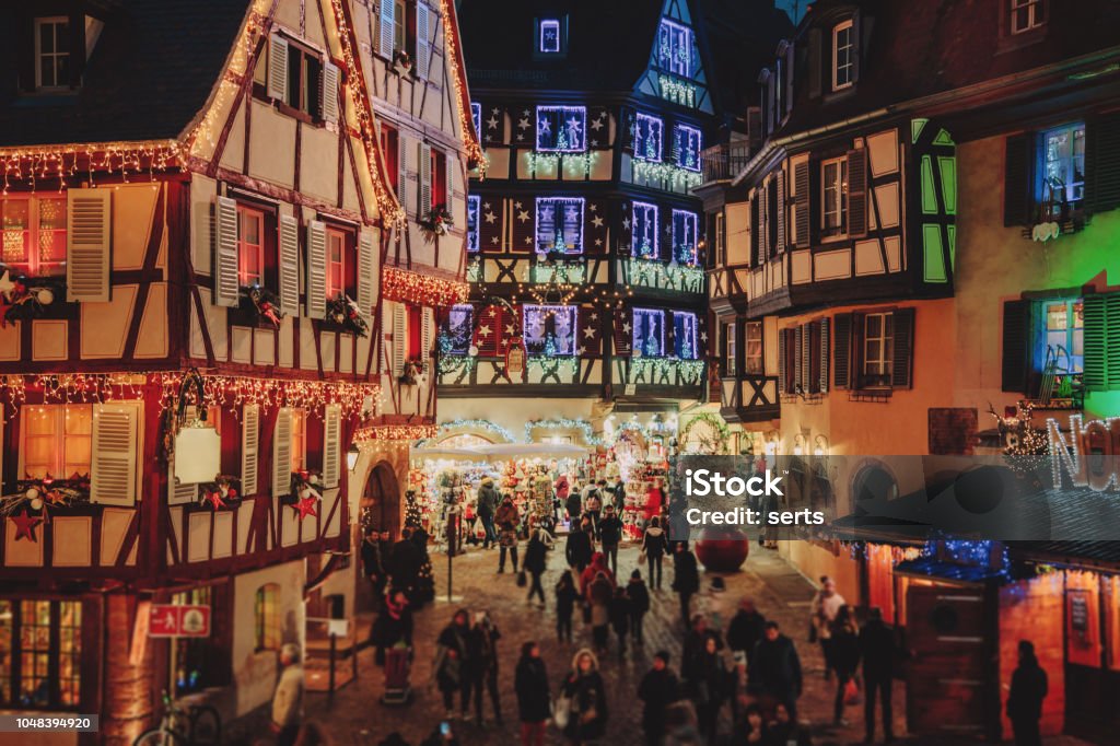 Christmas time in Colmar, Alsace, France Old town illuminated and decorate like a fairy tale in Christmas festive season in Colmar, Alsace, France Christmas Market Stock Photo