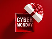 Cyber Monday Text Coming Out Of A White Gift Box Tied With Red Ribbon