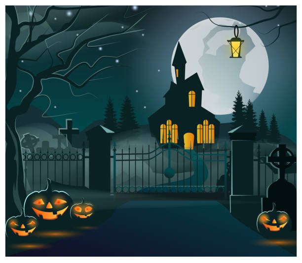 istock Silhouette of dark house with lights in windows vector illustration 1048398532