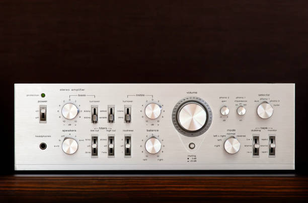 istock Vintage Audio Stereo Amplifier Shiny Metal Front Panel 1048401124