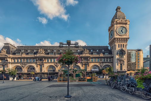 September 2018 - Paris, France - Outside the Gare De Lyon railway station in Paris in daytime. Street view in front of the station.