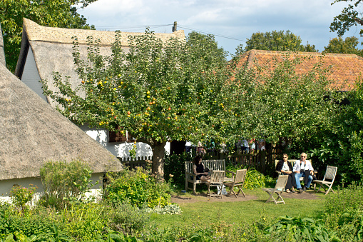 A thatched roof cottage with an apple tree full of fruit in the background. On the right are a couple watching the world go by from a wooden seat.