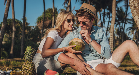 Boyfriend and girlfriend drinking coconut cocktail on a picnic