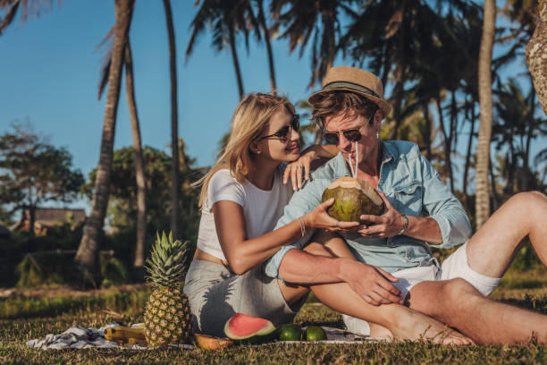 istock Boyfriend and girlfriend drinking coconut cocktail on a picnic 1048420102