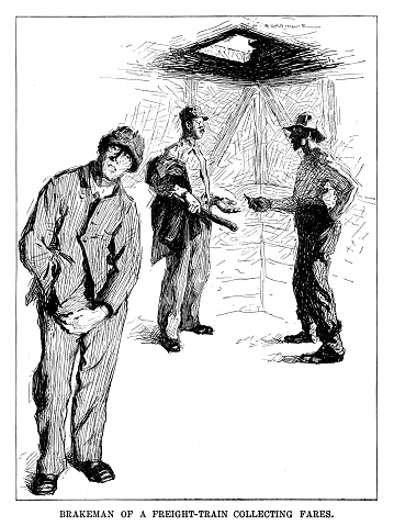 Brakeman of freight train collecting fares from travellers - Scanned 1899 Engraving