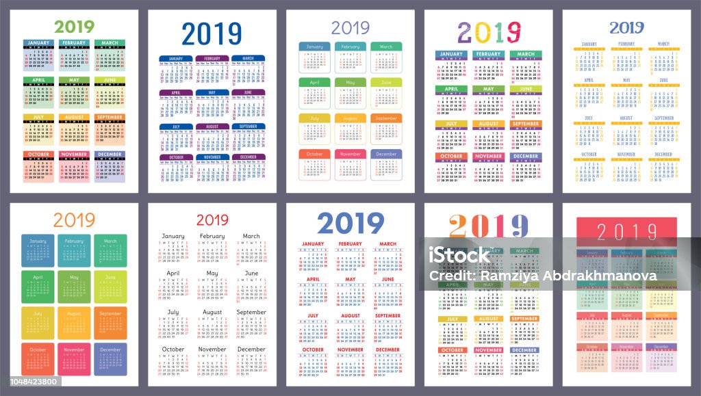 Calendar 2019. Colorful set. Week starts on Sunday. Basic grid. English vector calender collection for print. New year. Color simple design Calendar stock vector