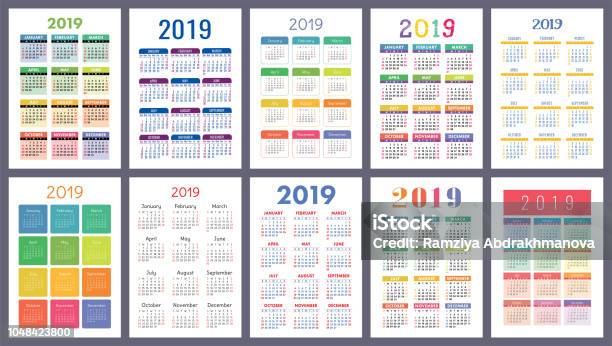 Calendar 2019 Colorful Set Week Starts On Sunday Basic Grid English Vector Calender Collection For Print New Year Color Simple Design Stock Illustration - Download Image Now