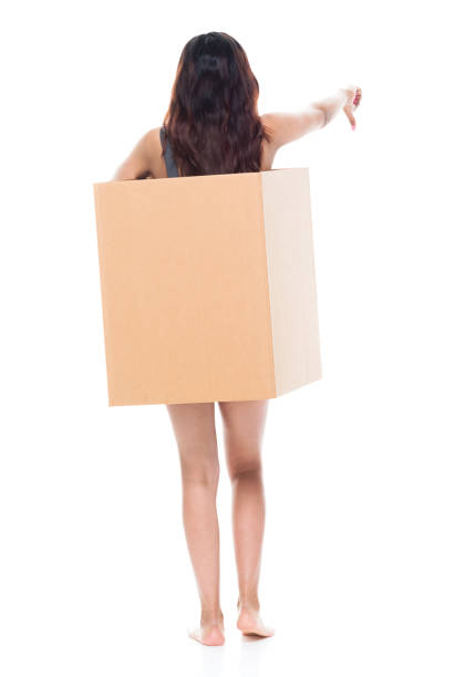 Poverty woman wearing cardboard box