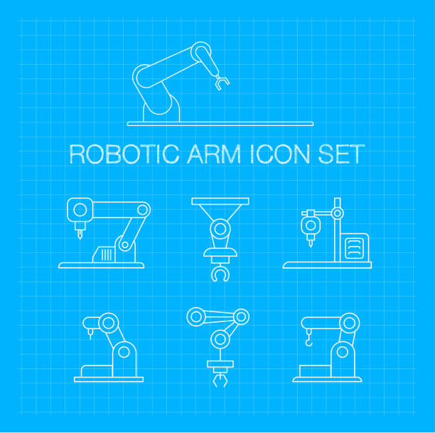 ilustraciones, imágenes clip art, dibujos animados e iconos de stock de plan de acción conjunto de iconos de brazo robótico - robot robot arm plastic production line