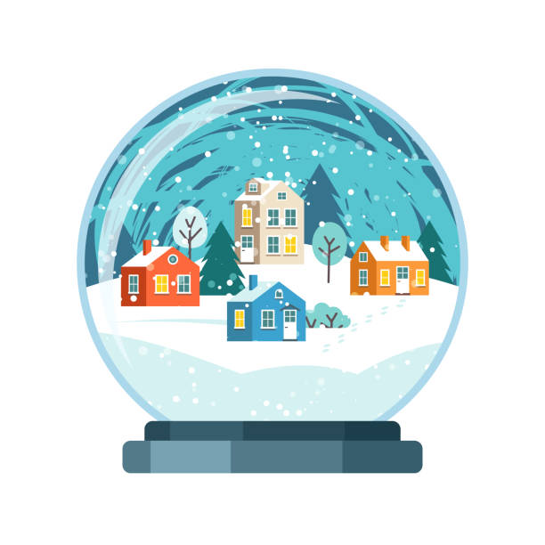 illustrations, cliparts, dessins animés et icônes de boule à neige noël vector avec petites maisons - snow globe christmas snow winter