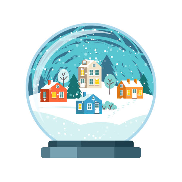 bildbanksillustrationer, clip art samt tecknat material och ikoner med christmas vektor snowjordklot med små hus - snöflinga illustrationer