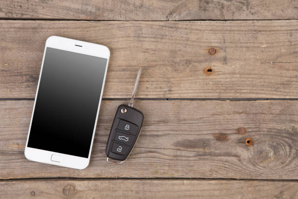 Car security concept - key with remote alarm control and smartphone