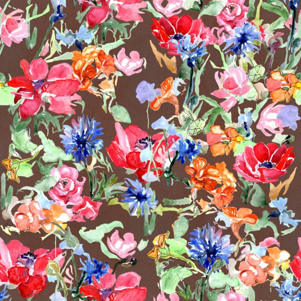 istock Seamless watercolor patterns and their backgrounds. Wildflowers: poppies, cornflowers, nasturtiums, violets. 1048441832