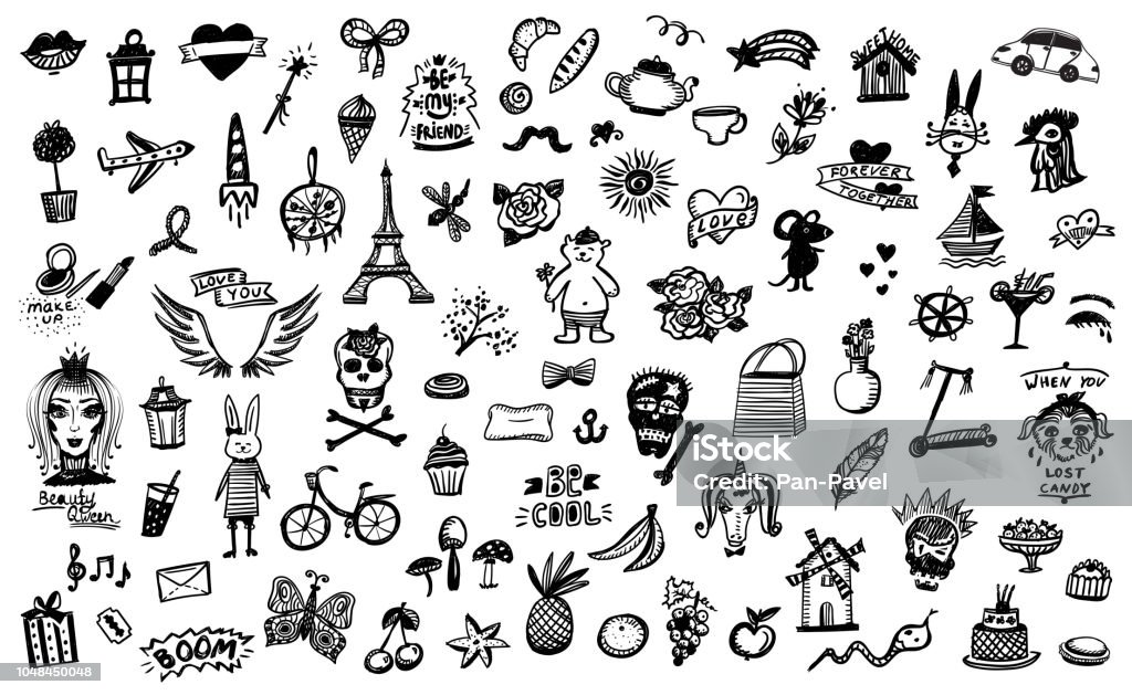 Hand drawn doodle graphic line elements, flowers and skulls, fruits and sweets Hand drawn doodle graphic line elements, flowers and skulls, fruits and sweets, etc. Tattoo stock vector