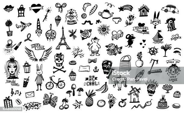Hand Drawn Doodle Graphic Line Elements Flowers And Skulls Fruits And Sweets Stock Illustration - Download Image Now