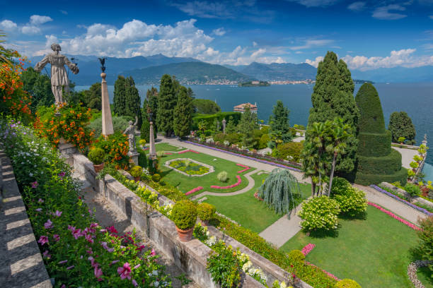 Garden and statues on Isola Bella overlooking Lake Maggiore, Italy. stock photo