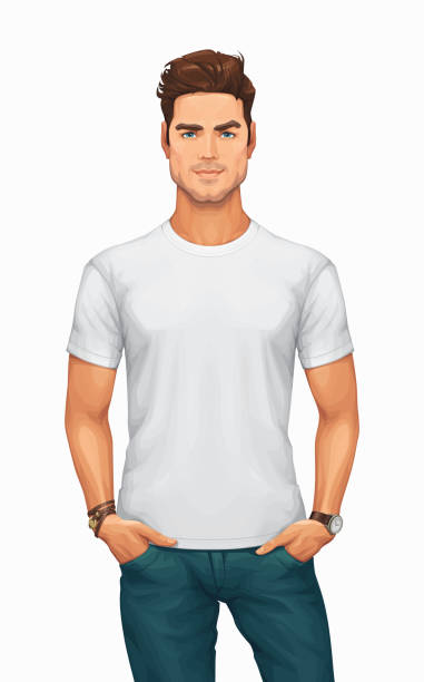 человек, нося пустой белый футболку - short sleeved illustrations stock illustrations